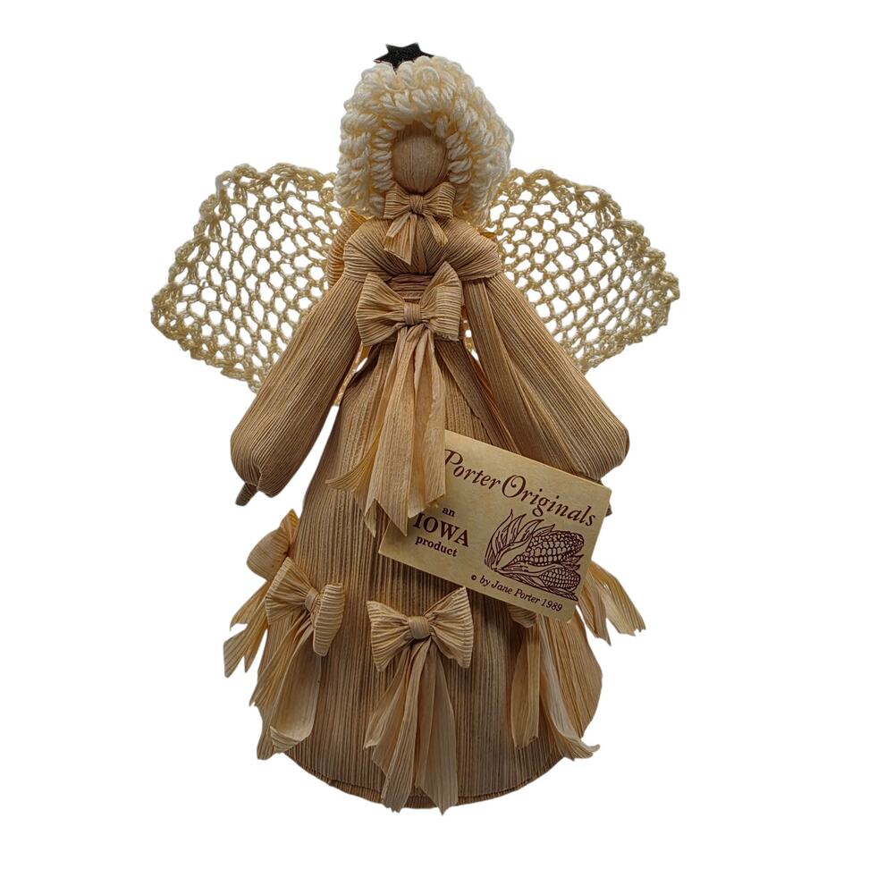 Jane Porter Originals Iowa Corn Husk Angel Doll Lace Wings Figurine Vintage 1989